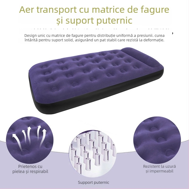 Saltea gonflabilă de camping cu suprafață catifelată, umflare manuală, pompă externă, sarcină maximă 200 kg, pernă inclusă