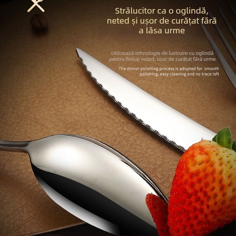 Platinum set tacâmuri din oțel inoxidabil 304 pentru mese occidentale: cuțit, furculiță și lingură, finisaj oglindit, stil lux ușor retro, personalizare disponibilă