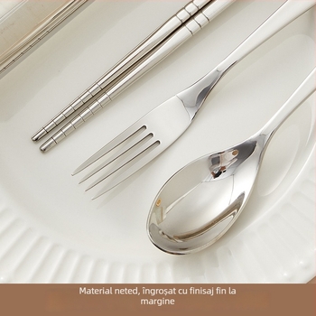 Set portabil din oțel inoxidabil, 3 piese – lingură, furculiță și bețișoare, 304 oțel inoxidabil, finisaj oglindă, stil Ins