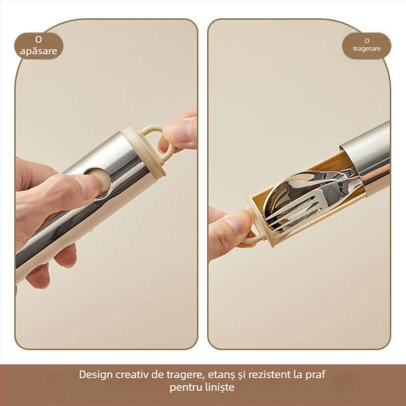 Set portabil din oțel inoxidabil, 3 piese – lingură, furculiță și bețișoare, 304 oțel inoxidabil, finisaj oglindă, stil Ins