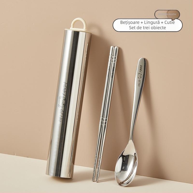 Set portabil din oțel inoxidabil, 3 piese – lingură, furculiță și bețișoare, 304 oțel inoxidabil, finisaj oglindă, stil Ins