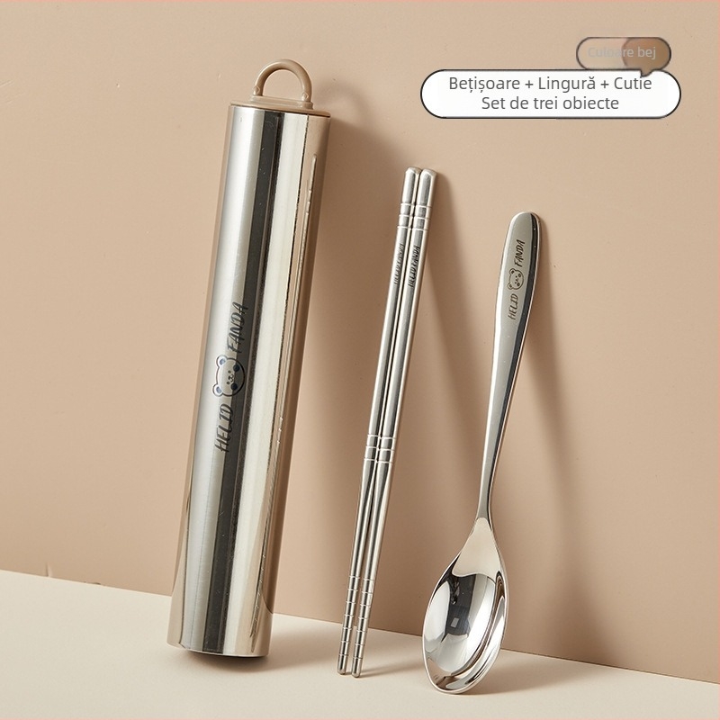Set portabil din oțel inoxidabil, 3 piese – lingură, furculiță și bețișoare, 304 oțel inoxidabil, finisaj oglindă, stil Ins