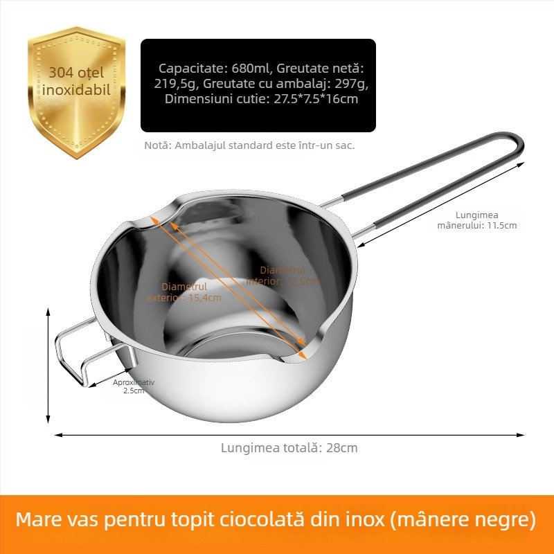 Recipient pentru topit ciocolată din oțel inoxidabil, rotund, capacitate 400 ml / 680 ml, pentru coacere