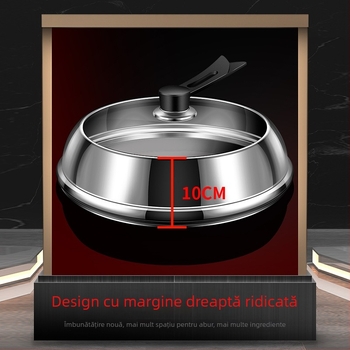 Capac de oală din oțel inoxidabil cu sticlă transparentă, design înălțat, mâner din lemn izolant, 970 g
