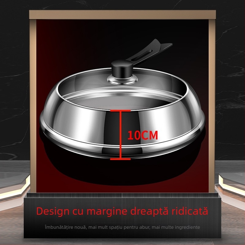 Capac de oală din oțel inoxidabil cu sticlă transparentă, design înălțat, mâner din lemn izolant, 970 g