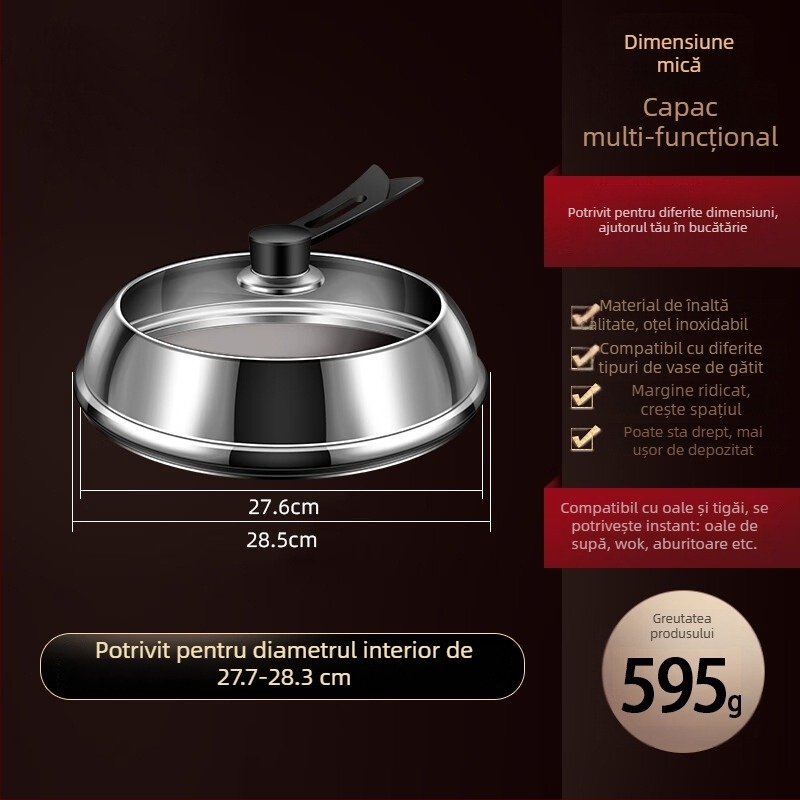 Capac de oală din oțel inoxidabil cu sticlă transparentă, design înălțat, mâner din lemn izolant, 970 g