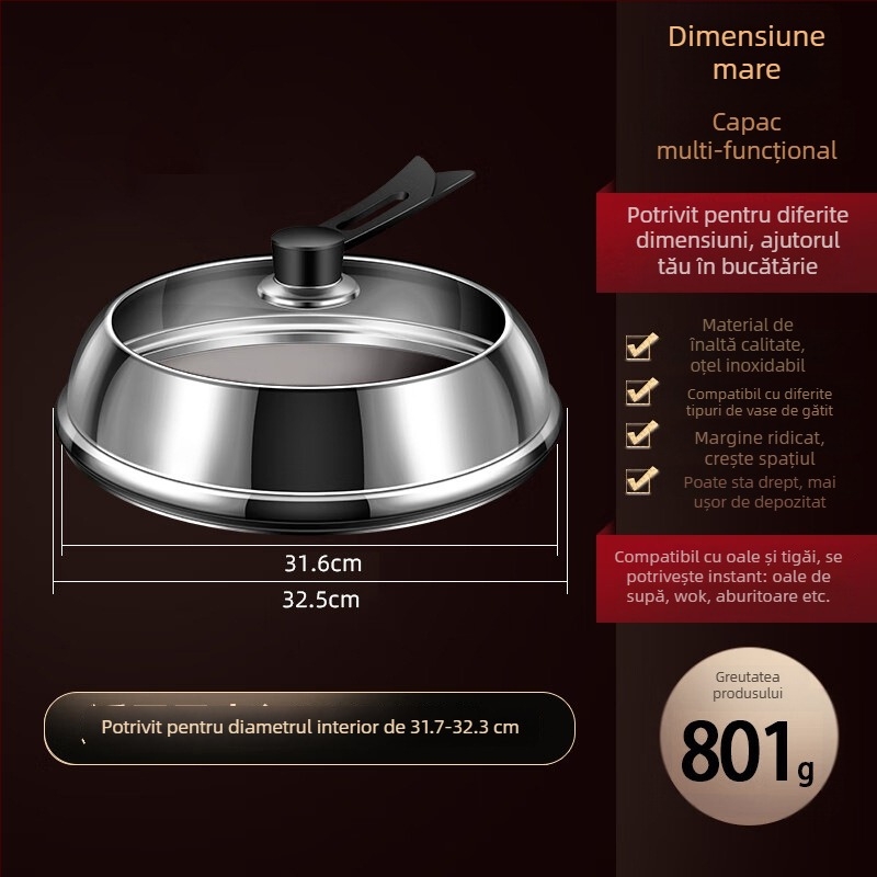 Capac de oală din oțel inoxidabil cu sticlă transparentă, design înălțat, mâner din lemn izolant, 970 g