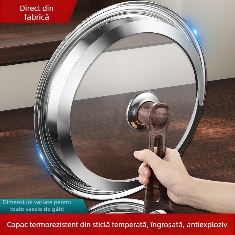 Capac rotund din sticlă temperată pentru wok, din oțel inoxidabil, rezistent la temperaturi înalte, universal