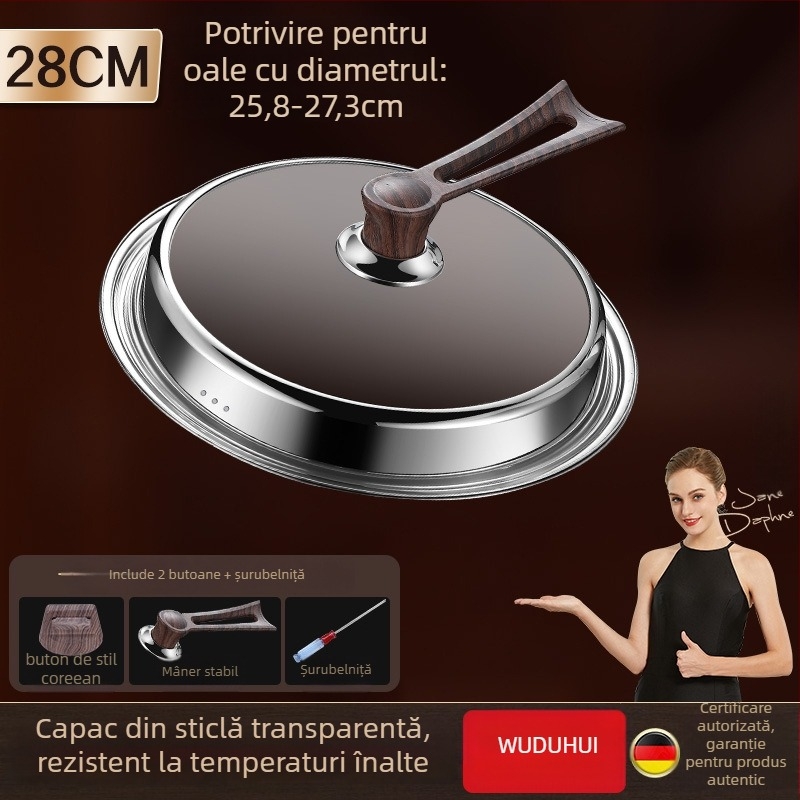 Capac rotund din sticlă temperată pentru wok, din oțel inoxidabil, rezistent la temperaturi înalte, universal