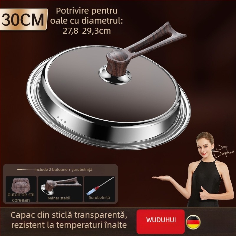 Capac rotund din sticlă temperată pentru wok, din oțel inoxidabil, rezistent la temperaturi înalte, universal