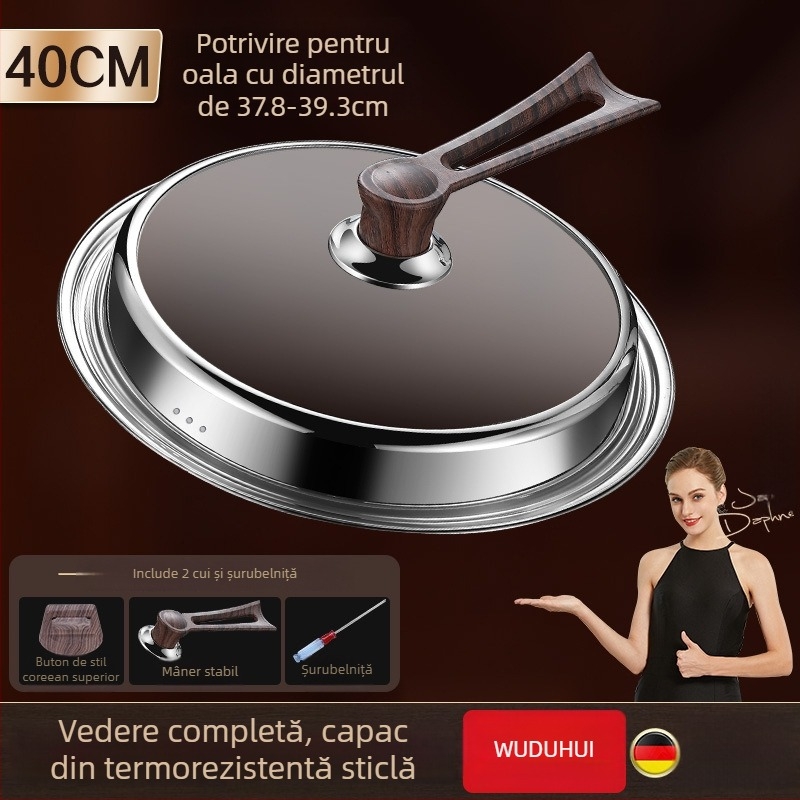 Capac rotund din sticlă temperată pentru wok, din oțel inoxidabil, rezistent la temperaturi înalte, universal