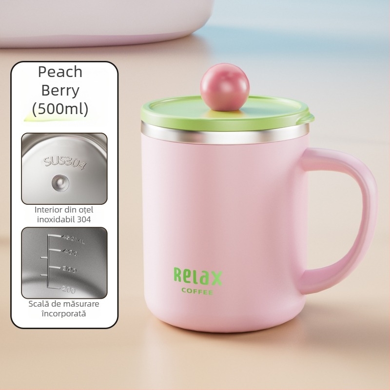 Cană din oțel inoxidabil 304, cu capac și scară de măsurare, stil drăguț pentru studenți, capacitate mare, cadou