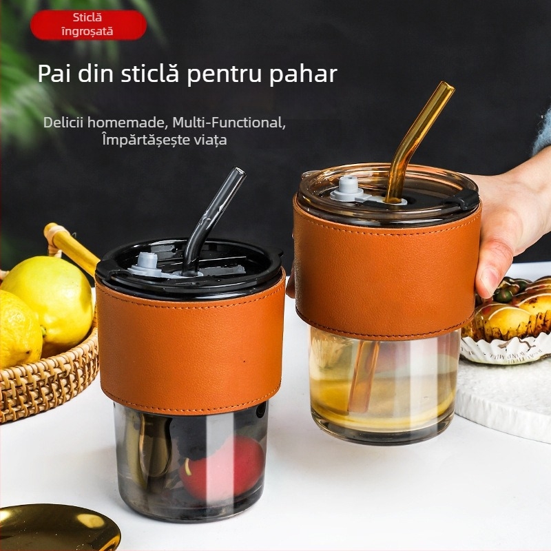 Pahar din sticlă rezistent la căldură cu pai și capac, etanș, izolație termică, design cilindric, logo imprimat