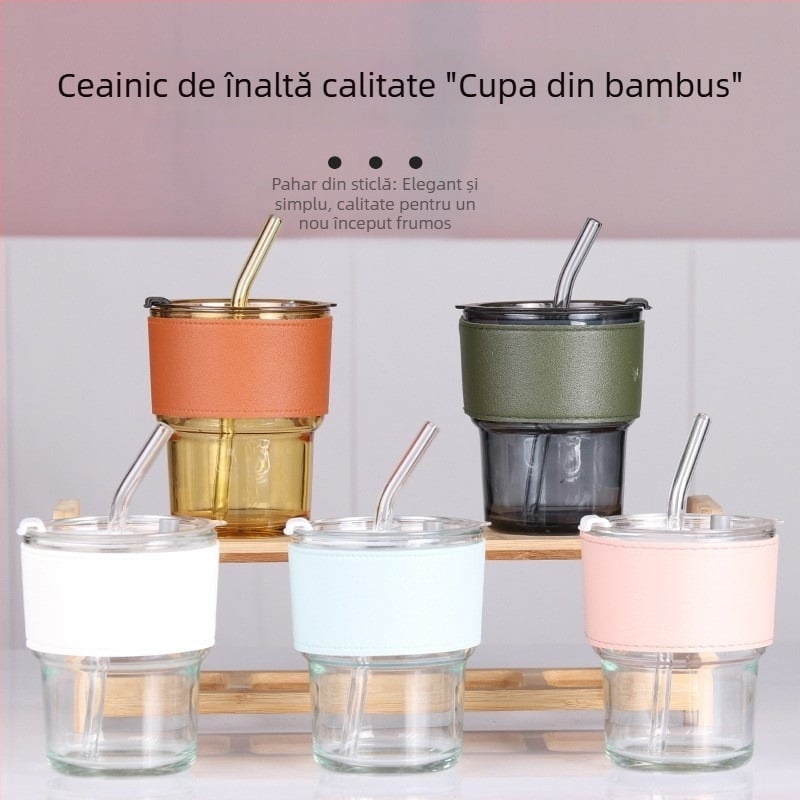 Pahar din sticlă rezistent la căldură cu pai și capac, etanș, izolație termică, design cilindric, logo imprimat