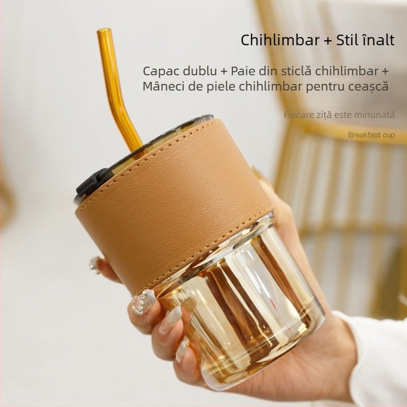 Pahar din sticlă rezistent la căldură cu pai și capac, etanș, izolație termică, design cilindric, logo imprimat