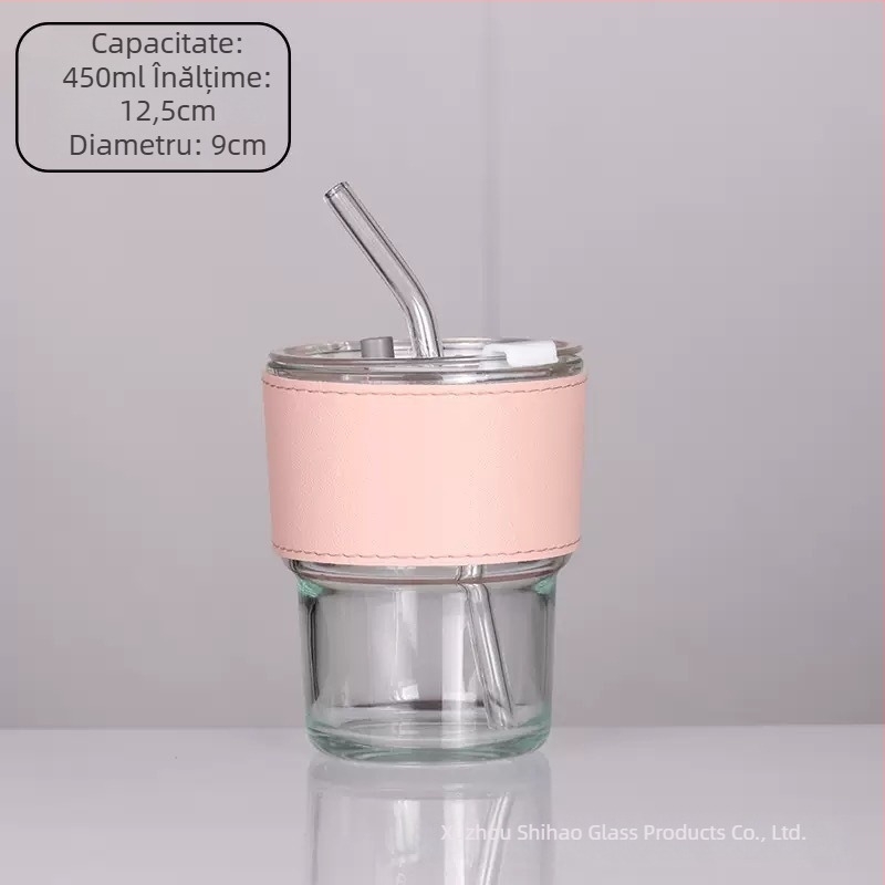 Pahar din sticlă rezistent la căldură cu pai și capac, etanș, izolație termică, design cilindric, logo imprimat