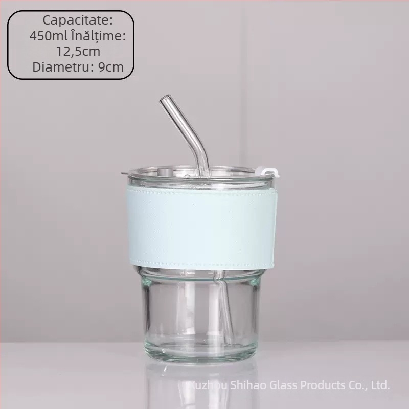 Pahar din sticlă rezistent la căldură cu pai și capac, etanș, izolație termică, design cilindric, logo imprimat