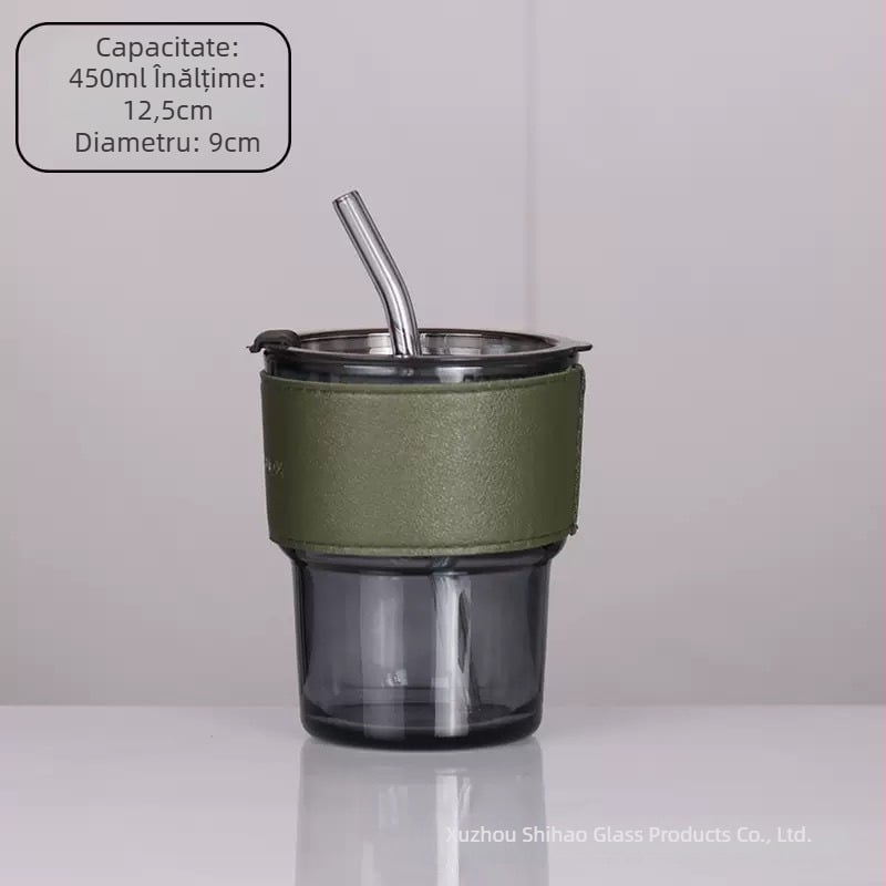 Pahar din sticlă rezistent la căldură cu pai și capac, etanș, izolație termică, design cilindric, logo imprimat