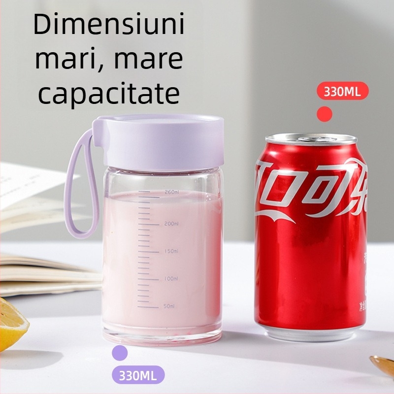 Pahar din sticlă borosilicat, design modern minimalist, personalizare logo disponibilă, cu frânghie pentru purtare