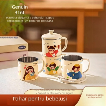 Pahar pentru copii din oțel inoxidabil 316, cu mâner, capac și scară de măsurare