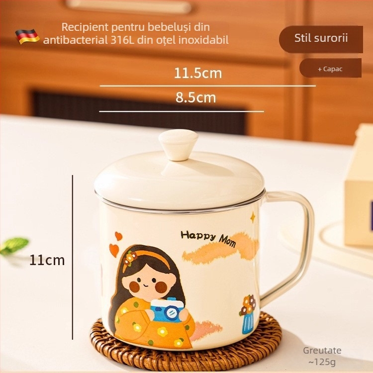 Pahar pentru copii din oțel inoxidabil 316, cu mâner, capac și scară de măsurare