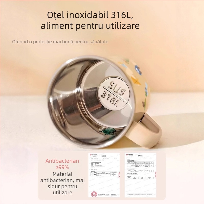 Pahar pentru copii din oțel inoxidabil 316, cu mâner, capac și scară de măsurare
