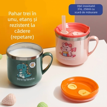 Cană pentru copii, stil desen animat, din oțel inoxidabil 316, rezistentă la căderi, cu scară de măsurare și pai