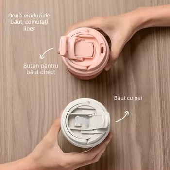 Ceașcă din sticlă rezistentă la temperaturi înalte, cu pai, lucrată manual, cu capac; ideală pentru birou, cafea și lapte.