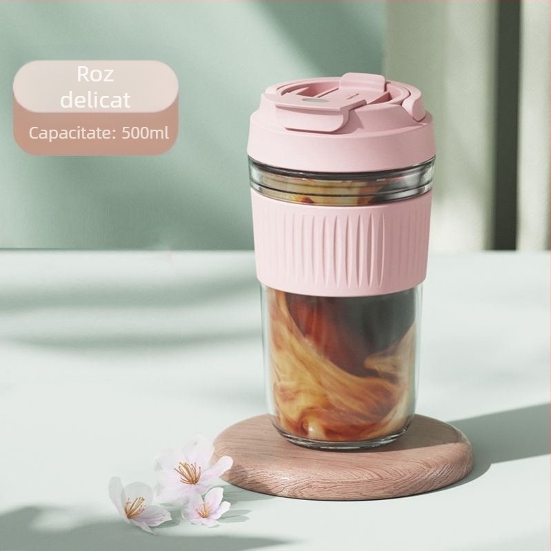 Ceașcă din sticlă rezistentă la temperaturi înalte, cu pai, lucrată manual, cu capac; ideală pentru birou, cafea și lapte.