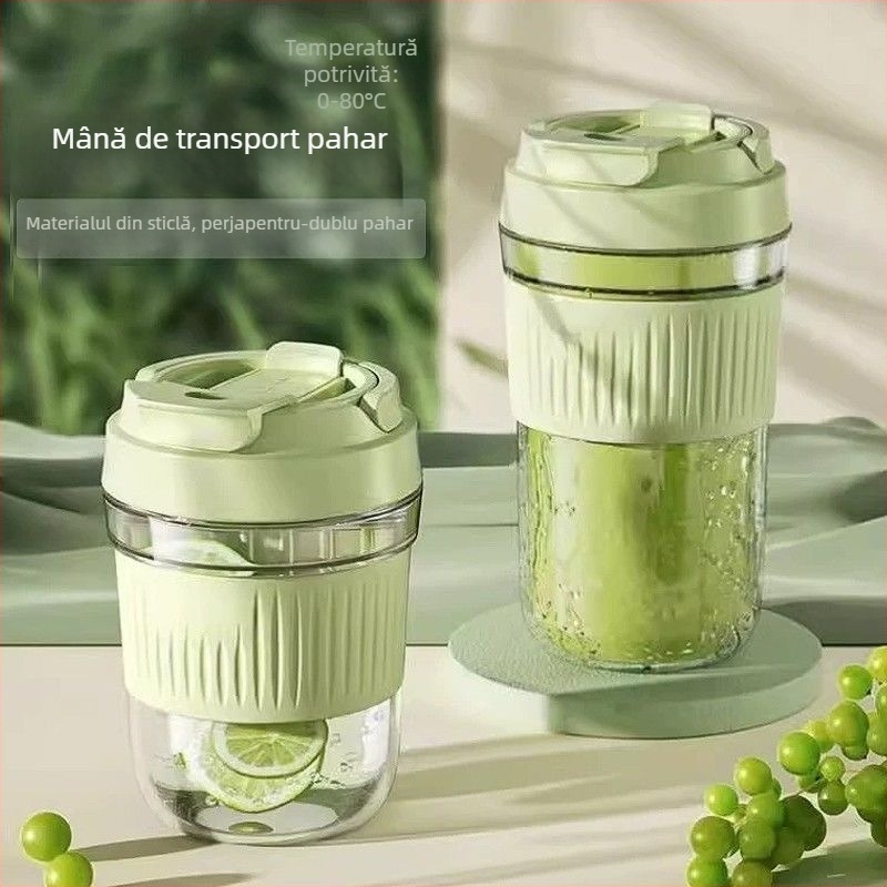 Ceașcă din sticlă rezistentă la temperaturi înalte, cu pai, lucrată manual, cu capac; ideală pentru birou, cafea și lapte.