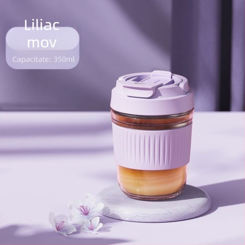 Ceașcă din sticlă rezistentă la temperaturi înalte, cu pai, lucrată manual, cu capac; ideală pentru birou, cafea și lapte.