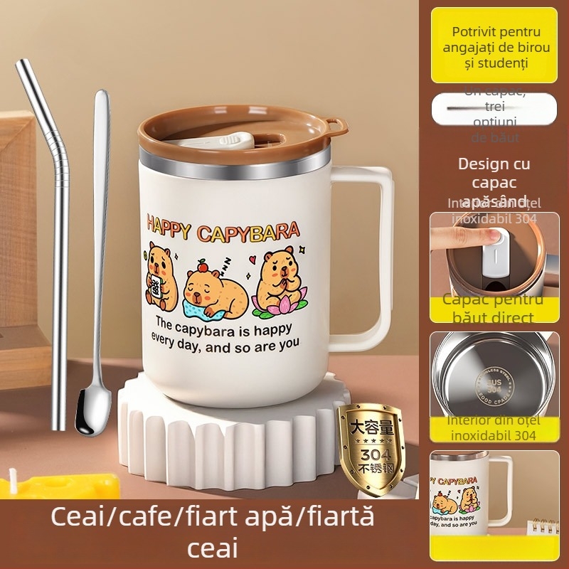 Cană din oțel inoxidabil 304, rezistentă la spargere, stil desen animat, pentru birou și ceai/cafea