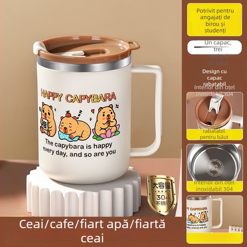 Cană din oțel inoxidabil 304, rezistentă la spargere, stil desen animat, pentru birou și ceai/cafea