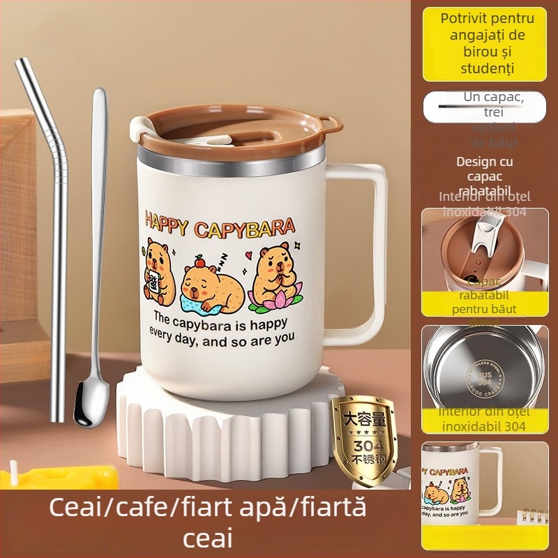 Cană din oțel inoxidabil 304, rezistentă la spargere, stil desen animat, pentru birou și ceai/cafea