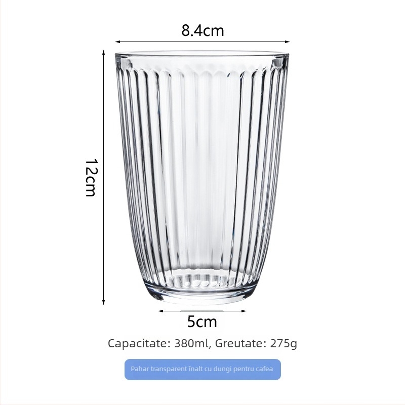 Ceașcă de cafea cu dungi verticale, sticlă rezistentă la temperaturi înalte, formă rotundă, fără mâner și capac, pentru birou sau casă