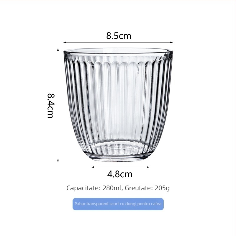 Ceașcă de cafea cu dungi verticale, sticlă rezistentă la temperaturi înalte, formă rotundă, fără mâner și capac, pentru birou sau casă