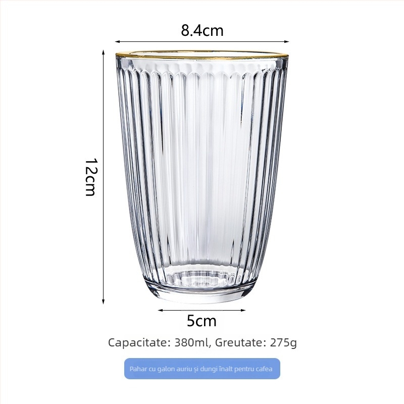 Ceașcă de cafea cu dungi verticale, sticlă rezistentă la temperaturi înalte, formă rotundă, fără mâner și capac, pentru birou sau casă