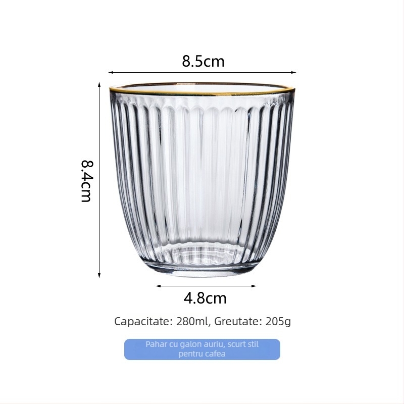 Ceașcă de cafea cu dungi verticale, sticlă rezistentă la temperaturi înalte, formă rotundă, fără mâner și capac, pentru birou sau casă