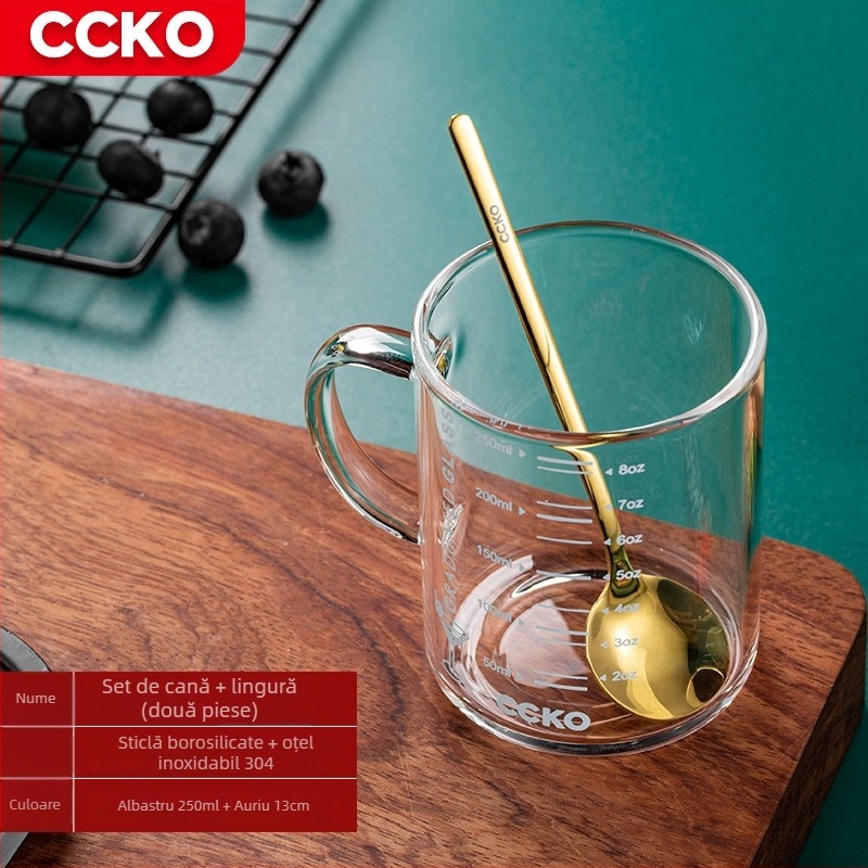 Ceșcuță pentru copii cu scară de măsură, din sticlă borosilikat rezistentă la temperaturi înalte, compatibilă cu microundele, cu mâner