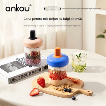 Ceașcă pentru ovăz cu capac și lingură; sigilată, etanșă; material: sticlă sodalime; capacitate 400 ml; greutate 335 g