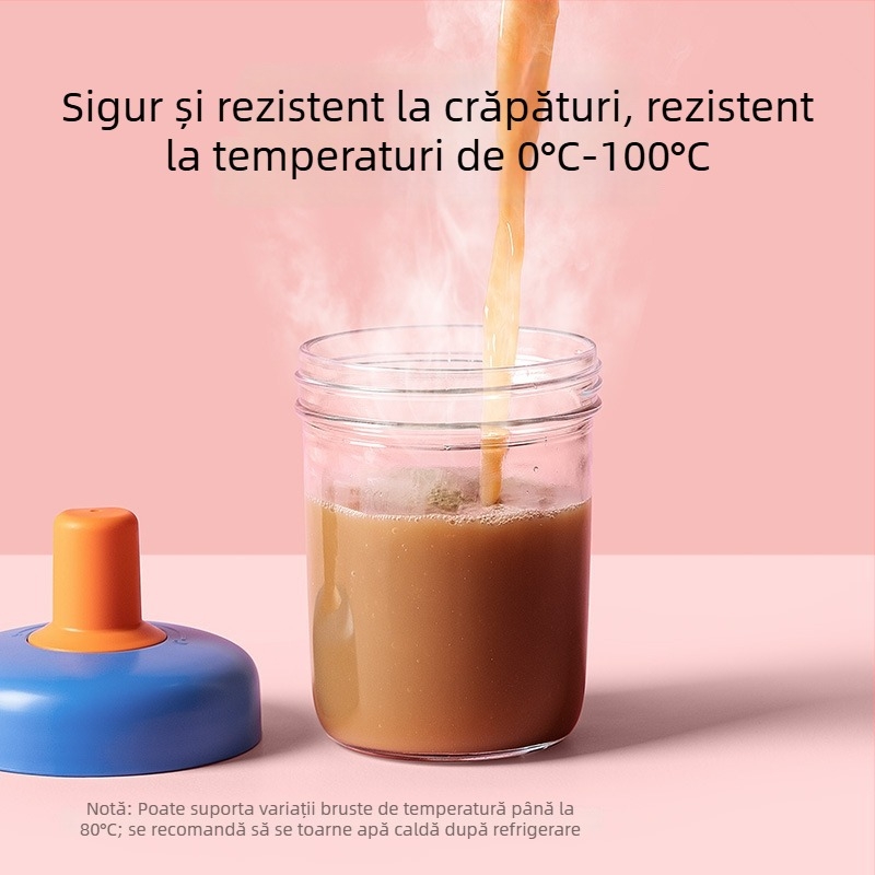 Ceașcă pentru ovăz cu capac și lingură; sigilată, etanșă; material: sticlă sodalime; capacitate 400 ml; greutate 335 g