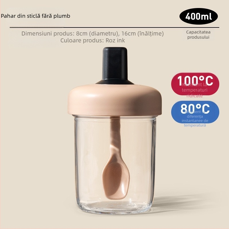 Ceașcă pentru ovăz cu capac și lingură; sigilată, etanșă; material: sticlă sodalime; capacitate 400 ml; greutate 335 g