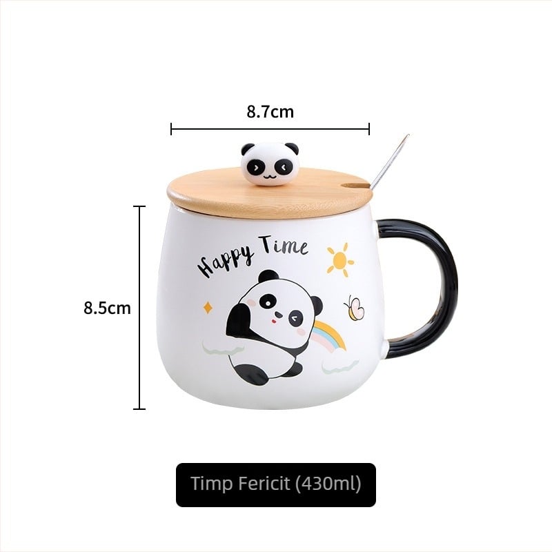 Set de cană din porțelan cu capac și linguriță pentru copii, stil desen animat, compatibil cu microundele, formă rotundă