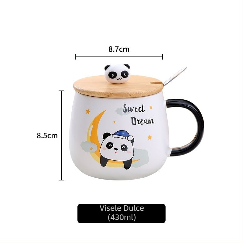 Set de cană din porțelan cu capac și linguriță pentru copii, stil desen animat, compatibil cu microundele, formă rotundă