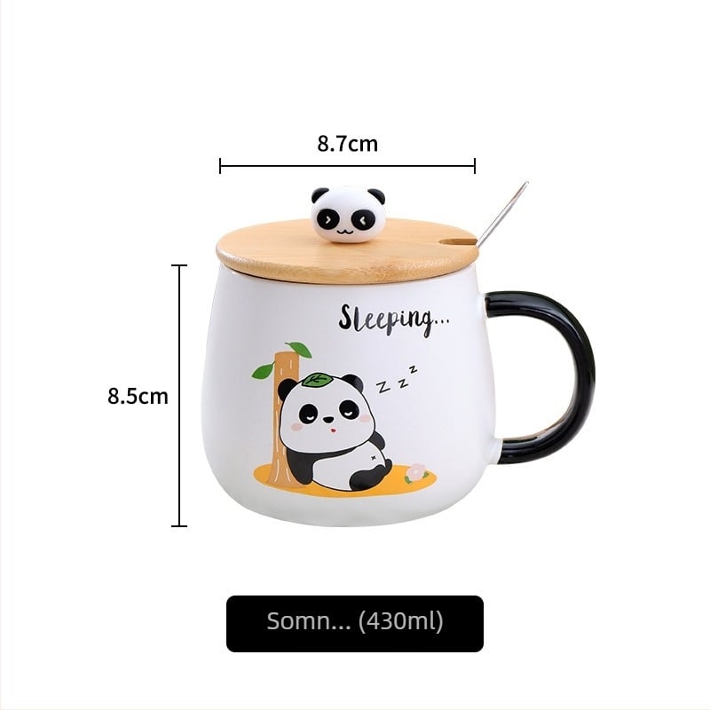 Set de cană din porțelan cu capac și linguriță pentru copii, stil desen animat, compatibil cu microundele, formă rotundă