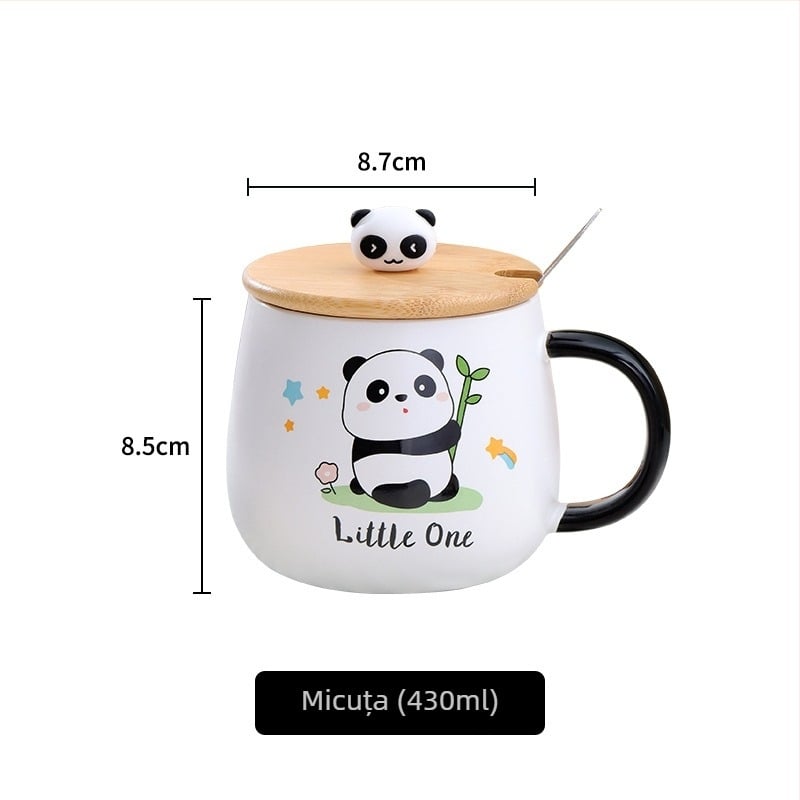 Set de cană din porțelan cu capac și linguriță pentru copii, stil desen animat, compatibil cu microundele, formă rotundă