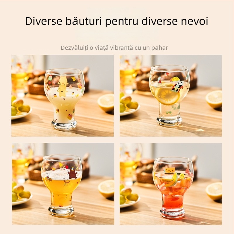 Pahar de sticlă, borosilicat înalt, formă rotundă, model cartoon, stil drăguț, imprimare logo
