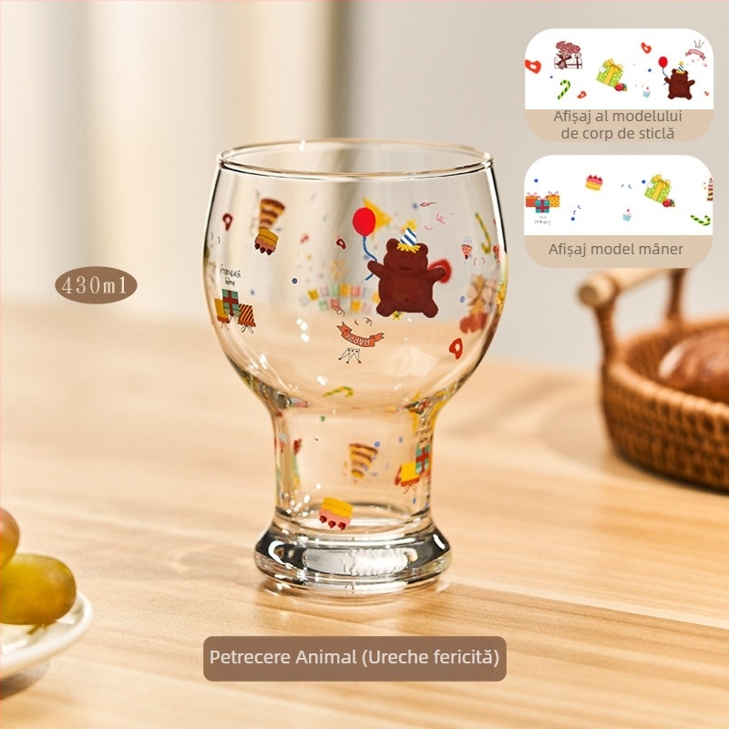 Pahar de sticlă, borosilicat înalt, formă rotundă, model cartoon, stil drăguț, imprimare logo