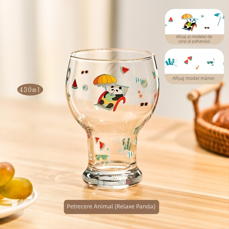 Pahar de sticlă, borosilicat înalt, formă rotundă, model cartoon, stil drăguț, imprimare logo
