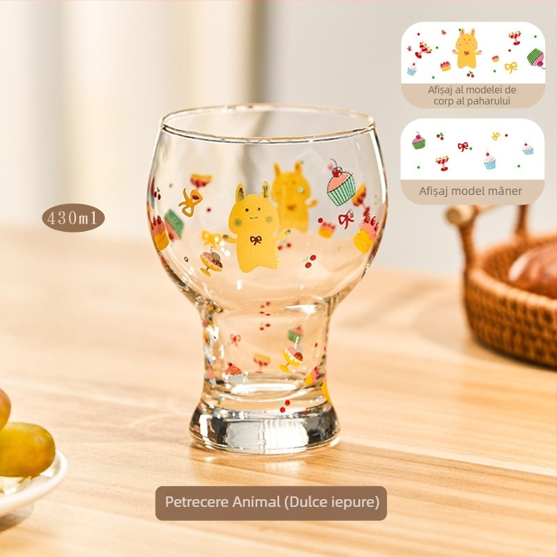 Pahar de sticlă, borosilicat înalt, formă rotundă, model cartoon, stil drăguț, imprimare logo